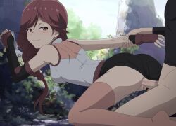 Rule 34 | 1boy, 1girl, :3, ass, braid, clothed sex, doggystyle, hai to gensou no grimgar, hedit (artist), hetero, long hair, naughty face, outdoors, penis, red hair, sex, sex from behind, smile, solo focus, vaginal, yume (grimgar)