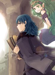 Rule 34 | 2girls, armor, black cape, blue hair, book, byleth (female) (fire emblem), byleth (fire emblem), cape, closed mouth, commentary request, fire emblem, fire emblem: three houses, floating, green eyes, green hair, grin, holding, holding book, long hair, looking at viewer, multiple girls, nintendo, pointy ears, profile, purple eyes, robaco, smile, sothis (fire emblem), teeth, twintails