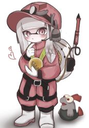 Rule 34 | 1girl, :o, commentary request, full body, furrowed brow, gloves, golden egg, gradient hair, grey hair, heart, highres, inkling, inkling girl, inkling player character, jumpsuit, lifebuoy, long hair, looking at viewer, mining helmet, multicolored hair, nintendo, open mouth, red eyes, red hair, red jumpsuit, salmon run (splatoon), sh f0y, simple background, smallfry (splatoon), splatoon (series), splatoon 3, standing, swim ring, tail, tentacle hair, white background, white gloves