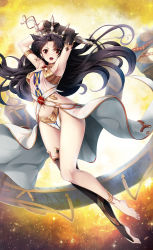 Rule 34 | 1girl, :d, anklet, armlet, arms up, asymmetrical bangs, bare legs, barefoot, black hair, black ribbon, black thighhighs, blush, breasts, bridal legwear, cleavage, detached sleeves, earrings, fate/grand order, fate (series), full body, groin, hair ribbon, heavenly boat maanna, highres, holding, holding weapon, ishtar (fate), jewelry, koflif, legs, long hair, medium breasts, midair, navel, open mouth, red eyes, revealing clothes, ribbon, single detached sleeve, single thighhigh, smile, solo, sparkle background, stomach, thighhighs, tohsaka rin, two side up, v-shaped eyebrows, very long hair, waist cape, weapon, yellow background