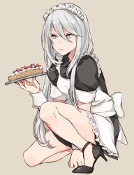 Rule 34 | 1girl, alternate costume, anklet, apron, black dress, black footwear, blue eyes, breasts, brown background, closed mouth, collared dress, dress, enmaided, food, frills, fruit, full body, hair between eyes, hand up, high heels, holding, holding tray, jewelry, kurosawa kazuto, legs, long hair, looking away, maid, maid apron, maid headdress, mole, mole under mouth, nier:automata, nier (series), pink lips, puffy short sleeves, puffy sleeves, shoes, short dress, short sleeves, silver hair, simple background, solo, squatting, strawberry, tart (food), tray, waist apron, wrist cuffs, a2 (nier:automata)