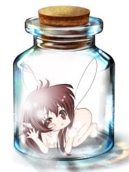 Rule 34 | 1girl, against glass, angry, ass, barefoot, blush, bottle, bottle meme (pixiv), breasts, brown hair, cheek squash, chibi, cleavage, earrings, face, fairy, feet, glowing, in bottle, in container, jar, jewelry, legs, long hair, meme, mini person, minigirl, nintendo, nude, pointy ears, red eyes, red hair, small breasts, solo, the legend of zelda, wings
