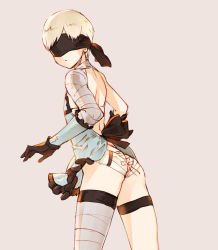 Rule 34 | 1boy, android, ass, bandages, blindfold, butt crack, cosplay, gloves, highres, kaine (nier) (cosplay), lace, lace-trimmed panties, lace trim, looking back, male focus, nemusuke, nier (series), nier:automata, panties, short hair, solo, trap, underwear, white hair, 9s (nier:automata)
