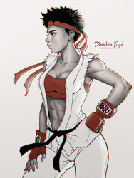 Rule 34 | 1girl, abs, bandeau, breasts, capcom, chromatic aberration, cleavage, collarbone, dandon fuga, dougi, eyebrows, fingerless gloves, genderswap, genderswap (mtf), gloves, hand on own hip, hand on own thigh, hand on thigh, headband, martial arts belt, medium breasts, monochrome, navel, partially colored, red gloves, red theme, ryu (street fighter), short hair, sleeveless, solo, spot color, standing, strapless, street fighter, thick eyebrows, tomboy, toned, tube top, very short hair