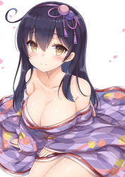 Rule 34 | 10s, 1girl, ahoge, bad id, bad pixiv id, bare shoulders, black hair, blush, breasts, brown eyes, cherry blossoms, cleavage, collarbone, eyebrows, floral print, hair between eyes, hair ribbon, hand on thigh, japanese clothes, kantai collection, kimono, kimono pull, large breasts, long hair, looking at viewer, petals, purple kimono, purple ribbon, ribbon, rose print, shiny skin, simple background, sitting, smile, solo, thighs, ushio (kancolle), white background, yokozuwari, yuzu-aki