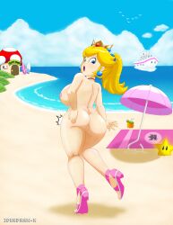 Rule 34 | 1girl, absurdres, artist name, ass, beach, blonde hair, blue eyes, breasts, feet, hand on own ass, heels, highres, huge ass, idendrawx, large breasts, legs, long hair, looking at viewer, looking back, mario (series), nintendo, nipples, nude, ocean, open mouth, princess, princess peach, pussy, sideboob, super mario bros. 1, super star (mario), thick thighs, thighs, water