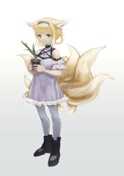Rule 34 | 1girl, absurdres, aiv, animal ear fluff, animal ears, arknights, bad id, bad pixiv id, bare shoulders, black footwear, blonde hair, blue hairband, boots, braid, braided hair rings, closed mouth, commentary request, dress, flower, flower pot, fox ears, fox girl, fox tail, full body, gradient background, green eyes, grey background, hair rings, hairband, highres, holding, infection monitor (arknights), kitsune, lily of the valley, looking at viewer, material growth, oripathy lesion (arknights), pantyhose, smile, solo, suzuran (arknights), tail, twin braids, white background, white dress, white flower, white pantyhose