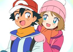 Rule 34 | 1boy, 1girl, alternate costume, ash ketchum, bad id, bad pixiv id, baseball cap, beanie, behind another, black hair, blue eyes, blush, brown eyes, brown hair, creatures (company), game freak, hands on another&#039;s shoulders, hat, moyori, nintendo, pokemon, pokemon (anime), scarf, serena (pokemon), short hair, simple background, smile, white background, winter clothes