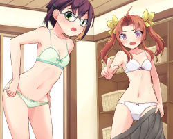Rule 34 | 2girls, ahoge, basket, blue-framed eyewear, bow, bow bra, bow panties, bra, breasts, brown hair, collarbone, commission, crossed bangs, glasses, green bra, green eyes, green panties, grey skirt, hair ribbon, highres, holding, holding clothes, holding skirt, indoors, kagerou (kancolle), kakizaki (chou neji), kantai collection, laundry basket, long hair, looking at viewer, multiple girls, navel, okinami (kancolle), open mouth, panties, panty pull, pixiv commission, pleated skirt, pointing, pointing at viewer, polka dot, polka dot bra, polka dot panties, pulled by self, purple eyes, ribbon, short hair, skirt, small breasts, twintails, underwear, underwear only, undressing, unworn skirt, white bra, white panties, yellow ribbon