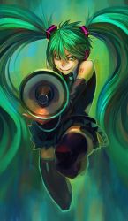 1girl ainezu detached_sleeves female_focus green_eyes green_hair hatsune_miku highres long_hair looking_at_viewer matching_hair/eyes megaphone skirt smile solo thighhighs twintails very_long_hair vocaloid zettai_ryouiki