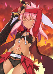 Rule 34 | 1girl, ;), archer (fate), archer (fate) (cosplay), arms up, black bra, black panties, bra, breasts, cape, cherry blossoms, chloe von einzbern, cleavage, closed mouth, cloud, cloudy sky, cosplay, dark-skinned female, dark skin, fate/kaleid liner prisma illya, fate (series), floating hair, gluteal fold, highres, holding, holding sword, holding weapon, kanshou &amp; bakuya (fate), kouzuki tsubasa (musou kaidou), long hair, long sleeves, looking at viewer, navel, one eye closed, panties, pink hair, red sleeves, shiny skin, shrug (clothing), sideboob, sky, small breasts, smile, solo, standing, strapless, strapless bra, sword, underwear, v-shaped eyebrows, waist cape, weapon, yellow eyes