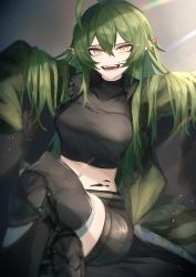 Rule 34 | 1girl, :d, arknights, black shirt, black shorts, black thighhighs, breasts, commentary, crocodilian tail, crop top, crossed bangs, crossed legs, gavial (arknights), gavial (combat medic) (arknights), green hair, green jacket, grin, hair between eyes, highres, jacket, long hair, long sleeves, looking at viewer, material growth, medium breasts, navel, official alternate costume, open clothes, open jacket, open mouth, oripathy lesion (arknights), ozeu0916, pointy ears, sharp teeth, shirt, short shorts, shorts, sitting, smile, solo, stomach, tail, teeth, thighhighs, thighs, yellow eyes