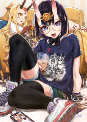 Rule 34 | 2girls, alternate costume, arm behind back, b.c.n.y., bespectacled, black thighhighs, blonde hair, blue shorts, bob cut, bubble tea, cup, detached collar, disposable cup, drinking straw, earrings, eyeliner, facial mark, fate/grand order, fate (series), forehead mark, glasses, hair between eyes, headpiece, highres, holding, holding cup, horns, ibaraki douji (fate), jewelry, makeup, multiple girls, oni, print shirt, purple eyes, purple hair, purple shirt, shirt, shoes, short hair, short shorts, short sleeves, shorts, shuten douji (fate), sitting, skin-covered horns, sneakers, thighhighs, thighs, white footwear, white shirt, yellow eyes