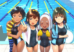 Rule 34 | 4girls, :d, absurdres, black hair, blush, bob cut, breasts, brown eyes, brown hair, closed mouth, collarbone, competition school swimsuit, competition swimsuit, covered erect nipples, dark-skinned female, dark skin, fang, goggles, goggles around neck, hair between eyes, hairband, highres, jersey, long hair, looking at viewer, medium hair, multiple girls, name tag, one-piece swimsuit, one eye closed, open mouth, original, parka, ponytail, pool, red eyes, sailor collar, sailor shirt, school swimsuit, school uniform, shiden (sashimi no wife), shirt, short hair, sideboob, sidelocks, smile, standing, swimsuit, swimsuit under clothes, tan, tanline, teeth, thighs, twintails, white hair, white shirt