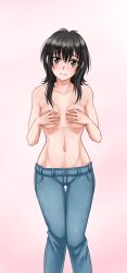 Rule 34 | 1girl, 3:, black hair, blush, brown eyes, coppelion, covering privates, covering breasts, denim, covering breasts, highres, jeans, long hair, looking at viewer, naruse ibara, navel, pants, pink background, solo, standing, tomboy, topless, twrlare
