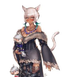 Rule 34 | absurdres, alisaie leveilleur, alphinaud leveilleur, animal ears, bare shoulders, blush, breasts, cat ears, cat girl, cat tail, cleavage, corset, cosplay, dark skin, dress, facial mark, final fantasy, final fantasy x, final fantasy xiv, fur trim, grey eyes, highres, hjz (artemi), jewelry, large breasts, lulu (ff10), lulu (ff10) (cosplay), miqo&#039;te, necklace, off-shoulder dress, off shoulder, pointy ears, short hair, stuffed toy, tail, tattoo, thighhighs, thighs, whisker markings, white hair, wide sleeves, y&#039;shtola rhul