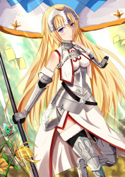 Rule 34 | 1girl, absurdres, armor, armored dress, banner, blonde hair, blue eyes, breasts, dress, fate/apocrypha, fate/grand order, fate (series), floating hair, gorget, hair blowing, headpiece, highres, holding, holding weapon, ice spirit tarot, jeanne d&#039;arc (fate), jeanne d&#039;arc (ruler) (fate), long hair, looking at viewer, smile, solo, standing, very long hair, weapon, wind