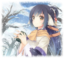 Rule 34 | 10s, 1girl, animal ears, black hair, forest, kuon (utawarerumono), long hair, looking at viewer, nature, smile, snow, solo, traditional clothes, tree, utawarerumono, utawarerumono: itsuwari no kamen, yellow eyes, yonema