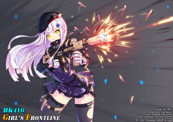 Rule 34 | 1girl, artist name, assault rifle, beret, black dress, black thighhighs, character name, closed mouth, dress, firing, girls&#039; frontline, gloves, green eyes, grey background, gun, h&amp;k hk416, hair ornament, hat, hk416 (girls&#039; frontline), holding, holding gun, holding weapon, lenn sparrow, long sleeves, looking at viewer, rifle, solo, teardrop tattoo, thighhighs, weapon, white gloves, white hair