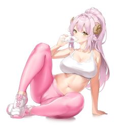 Rule 34 | 1girl, absurdres, arm support, bare shoulders, bra, breasts, cameltoe, cleavage, cleft of venus, curled horns, drinking, goat girl, highres, horizontal pupils, horns, keibeam, large breasts, midriff, navel, original, pants, pink hair, pink pants, shoes, simple background, sneakers, solo, sports bra, stomach, tight clothes, tight pants, underwear, white background, white bra, yellow eyes, yoga pants