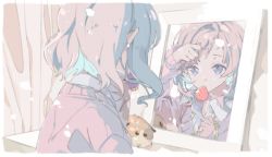 Rule 34 | 1girl, blue eyes, bow, bowtie, dressing, food, fruit, hand in own hair, hand up, highres, holding, looking at mirror, mirror, mori ichigo, mouth hold, na ta53, pink hair, pink sweater, project cold, school uniform, shirt, short hair, solo, strawberry, striped, striped bow, stuffed animal, stuffed toy, sweater, upper body, white shirt, yellow bow