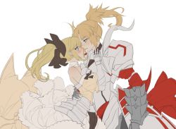 Rule 34 | 2girls, ahoge, arm around waist, armor, armored skirt, artoria pendragon (all), artoria pendragon (fate), bare shoulders, black ribbon, blonde hair, blush, braid, cowboy shot, detached sleeves, fate/grand order, fate (series), french braid, green eyes, incest, long hair, mordred (fate), mordred (fate/apocrypha), mother and daughter, multiple girls, orange sekaii, ponytail, ribbon, saber lily, white background, yuri
