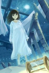 Rule 34 | 1girl, bad id, bad pixiv id, barefoot, brown eyes, brown hair, cocolo (co co lo), crescent moon, curtains, hourglass, long hair, moon, night, night sky, original, pajamas, ruins, sand, sky, solo, star (sky), starry sky, window