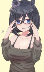 Rule 34 | 1girl, adjusting eyewear, animal ears, bare shoulders, bespectacled, black hair, blue eyes, breasts, camisole, cleavage, collarbone, commentary request, eishin flash (umamusume), flying sweatdrops, glasses, highres, horse ears, large breasts, light blush, looking at viewer, off-shoulder sweater, off shoulder, open mouth, ryouta (ryouta335), simple background, solo, sweater, umamusume, upper body, yellow background