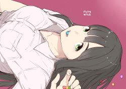 Rule 34 | 1girl, absurdres, biting, black hair, breasts, candy, collarbone, copyright name, eyebrows, fingernails, flying witch, food, green eyes, highres, holding, ishizuka chihiro, kowata makoto, large breasts, long hair, looking at viewer, lying, mouth hold, on back, shirt, simple background, solo, teeth, teeth hold, white shirt, wing collar
