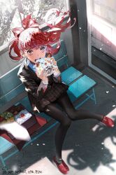 Rule 34 | 1girl, bench, black jacket, black pantyhose, bow, btmr game, day, eating, eyelashes, food, hair bow, highres, holding, holding food, jacket, knees together feet apart, long hair, long sleeves, looking at viewer, outdoors, pantyhose, persona, persona 5, persona 5 the royal, plaid, plaid skirt, ponytail, red bow, red eyes, red footwear, red hair, school uniform, shoes, shuujin academy school uniform, signature, sitting, skirt, solo, yoshizawa kasumi