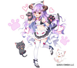 Rule 34 | 1girl, angelic link, animal, animal ear fluff, animal ears, animal hands, apron, bare shoulders, bell, black cat, black footwear, black gloves, black skirt, blush, bow, breasts, cat, cat ears, cat girl, cat tail, character request, cleavage, commentary request, copyright notice, frilled apron, frilled skirt, frills, full body, gloves, hair between eyes, heart, high heels, horns, jingle bell, long hair, maid headdress, mauve, neck bell, official art, paw gloves, purple hair, red bow, red eyes, shoes, simple background, skirt, small breasts, solo, standing, standing on one leg, tail, thighhighs, very long hair, waist apron, watermark, white apron, white background, white cat, white thighhighs