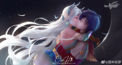 Rule 34 | absurdres, black hair, bug, butterfly, douluo dalu, earrings, feathers, gu yuena, highres, husband and wife, insect, jewelry, kiss, silver hair, sparkle, tang wulin (douluo dalu), thick thighs, thighs, weibo logo, weibo watermark