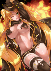Rule 34 | 1girl, arm up, azur lane, belt, bikini, bikini top only, black bikini, black cloak, black footwear, black gloves, black shirt, black shorts, blonde hair, blush, boots, breasts, cleavage, cloak, commentary request, cowboy hat, cowboy shot, explosion, fingerless gloves, fire, fuyuki jun, gloves, green eyes, hat, highres, hornet (azur lane), hornet ii (azur lane), large breasts, long hair, looking at viewer, navel, one eye closed, open mouth, rudder footwear, shirt, short shorts, shorts, shrug (clothing), sidelocks, skindentation, solo, standing, standing on one leg, stomach, swimsuit, thigh boots, thighhighs, thighhighs under boots, torn bikini, torn clothes, twintails, twitter username, very long hair, white thighhighs, yellow belt