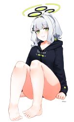 Rule 34 | 1girl, absurdres, ass, bare legs, barefoot, black hoodie, blue archive, blush, breasts, closed mouth, clothes writing, cross hair ornament, flukhan, green eyes, grey hair, hair ornament, halo, hare (blue archive), highres, hood, hood down, hoodie, long hair, long sleeves, looking at viewer, no pants, ponytail, simple background, small breasts, smile, solo, toes, twitter username, white background