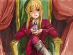 Rule 34 | androgynous, ascot, blonde hair, boots, brown eyes, chair, curtains, daijou kiyosu, formal, gender request, crossed legs, long hair, male focus, own hands clasped, own hands together, sitting, smirk, solo, suit, umineko no naku koro ni, ushiromiya lion