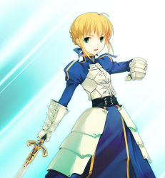 Rule 34 | 00s, 1girl, ahoge, armor, armored dress, artoria pendragon (all), artoria pendragon (fate), blonde hair, braid, breastplate, clenched hand, dasoku sentarou, dress, fate/stay night, fate (series), french braid, gauntlets, green eyes, juliet sleeves, long sleeves, looking at viewer, puffy sleeves, ribbon, saber (fate), solo, sword, weapon