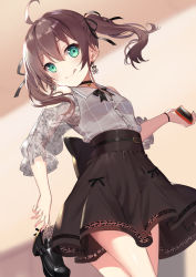 Rule 34 | 1girl, ahoge, akanebi, belt, black ribbon, brown skirt, cellphone, commentary, drop earrings, earrings, floral print, flower earrings, green eyes, hair ribbon, high-waist skirt, highres, holding, holding phone, holding shoes, hololive, jewelry, licking lips, long hair, looking at viewer, natsuiro matsuri, natsuiro matsuri (casual), phone, ribbon, see-through, shoes, skirt, smartphone, solo, spread legs, tongue, tongue out, twintails, virtual youtuber