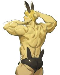 Rule 34 | 1boy, animal ear legwear, ass, back, bara, blonde hair, blush, bulge, embarrassed, feet out of frame, from behind, hand on own hip, hands up, looking at viewer, looking back, male focus, muscular, muscular male, original, rabbit ear legwear, short hair, solo, strongman waist, thick eyebrows, thick thighs, thighs, topless male, uza (hellme)