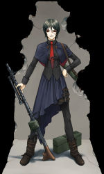 Rule 34 | ammunition box, bang-you, boots, gun, hand on own hip, highres, machine gun, mg 34, necktie, pantyhose, red eyes, red necktie, scar, short hair, solo, stray bullets, weapon