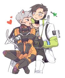 Rule 34 | 1boy, 1girl, animal ear fluff, animal ears, animification, apex legends, armor, black hair, black pants, black shirt, blush, bodysuit, boots, breastplate, brown eyes, cat ears, cat girl, cat tail, cat teaser, commentary, crypto (apex legends), green eyes, green vest, heart, hetero, highres, holding, indian style, jacket, jetpack, kemonomimi mode, looking at another, looking back, nojima minami, open mouth, orange bodysuit, pants, parted hair, sanpaku, shirt, short hair, sitting, sitting between lap, symbol-only commentary, tail, undercut, valkyrie (apex legends), vest, white background, white footwear, white jacket
