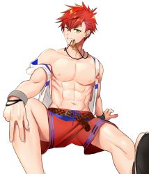 Rule 34 | 1boy, abs, blackkdogg, earclip, ear piercing, green eyes, helios rising heroes, jewelry, male focus, mouth hold, navel, necklace, one eye closed, otori akira, piercing, red hair, red shorts, sandals, shorts, simple background, sitting, white background, wristband