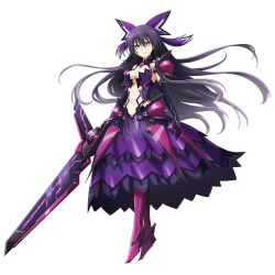 Rule 34 | 1girl, alternate costume, armor, armored dress, bow, breasts, closed mouth, dark persona, date a live, dress, full body, hair bow, long hair, medium breasts, official art, overlord (maruyama), purple dress, purple eyes, purple hair, solo, sword, v-shaped eyebrows, weapon, yatogami tooka, yatogami tooka (true form)