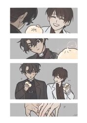 Rule 34 | 2boys, black eyes, black hair, black jacket, black shirt, blush, closed eyes, closed mouth, collared shirt, comic, commentary, dumpling, eating, english commentary, food, giving, grey background, hair between eyes, holding, holding food, holding hands, jacket, kim dokja, long sleeves, looking at another, male focus, mikoyuki, multiple boys, omniscient reader&#039;s viewpoint, open mouth, shirt, short hair, simple background, smile, white jacket, yaoi, yoo joonghyuk