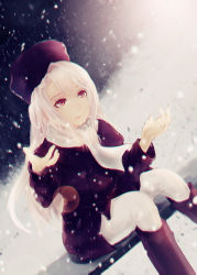 Rule 34 | 1girl, bench, boots, dutch angle, fate/stay night, fate (series), fur hat, hat, highres, illyasviel von einzbern, lens flare, long hair, maoshenzou, papakha, purple footwear, purple hat, red eyes, scarf, sitting, snowing, solo, white hair, white scarf