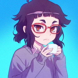 Rule 34 | 10s, 1girl, ahoge, black hair, blue background, blunt bangs, blush, brown eyes, closed mouth, cup, expressionless, eyebrows, freckles, glasses, holding, holding cup, ilya kuvshinov, long sleeves, looking at viewer, oshiete! galko-chan, otako (galko), red-framed eyewear, short hair, sidelocks, simple background, sleeves past wrists, solo, sweater, teacup, thick eyebrows, upper body