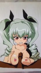 Rule 34 | 10s, 1boy, 1girl, absurdres, anchovy (girls und panzer), blush, breasts, girls und panzer, green hair, hasamimushi, hetero, highres, large breasts, nipples, paizuri, penis, rape, red eyes, scowl, uncensored