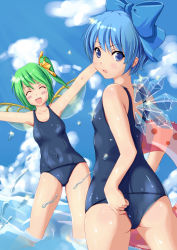 Rule 34 | 2girls, adjusting clothes, adjusting swimsuit, bad id, bad pixiv id, bare shoulders, blue eyes, blue hair, cirno, daiyousei, face, fairy wings, green hair, highres, ice, innertube, looking back, miu (angelo whitechoc), multiple girls, one-piece swimsuit, school swimsuit, short hair, side ponytail, swim ring, swimsuit, touhou, water, wings