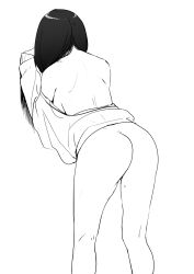 Rule 34 | 1girl, against wall, ass, backboob, bare back, bent over, bottomless, breasts, facing away, feet out of frame, female focus, from behind, grey background, h2o (ddks2923), highres, hyuuga hinata, invisible wall, large breasts, long sleeves, monochrome, naruto (series), naruto shippuuden, off shoulder, simple background, solo, sweater