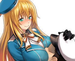 Rule 34 | 1boy, 1girl, admiral (kancolle), atago (kancolle), beret, black gloves, blonde hair, blue headwear, blush, bow, bowtie, breast smother, breasts, closed mouth, face to breasts, gloves, green eyes, hand on another&#039;s head, hat, highres, kantai collection, large breasts, long hair, military, military uniform, no bra, smile, umihal, uniform, upper body
