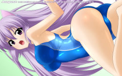 Rule 34 | 1girl, all fours, animal ears, breasts, calendar, cat ears, cat tail, competition swimsuit, covered erect nipples, covered navel, from side, highres, impossible clothes, impossible swimsuit, large breasts, long hair, looking at viewer, looking back, one-piece swimsuit, original, purple eyes, purple hair, solo, sugimura tomokazu, swimsuit, tail, wallpaper